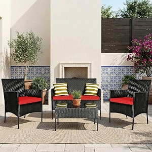 brishi outdoor 4 seater sofa set  patio furniture sets  balcony sofa  indoor sofa  wicker rattan garden sofa set with cushion and center table blackred