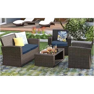 brishi outdoor sofa set  balcony sofa  patio furniture sets  indoor sofa wicker rattan garden sofa set with cushion and center table darkbrown- navy blue