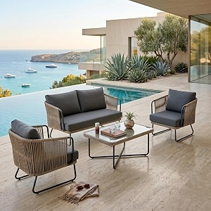 brishi outdoor rope sofa set  balcony sofa  patio conversation sets  braided rope garden sofa set and table 4 seater- beigegrey