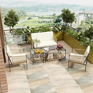 brishi outdoor sofa set  balcony sofa  patio furniture sets  conversation sets  braid amp rope garden sofa set and center table 4 seater-beige
