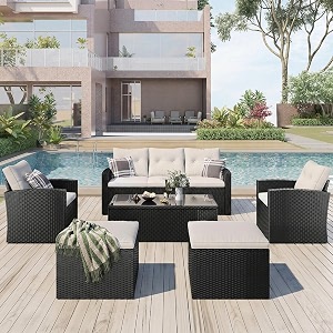 brishi 6 piece outdoor conversation set  all weather wicker sectional sofa with cushioned ottoman and glass top table  ideal for garden deck porch patio and poolside black amp white
