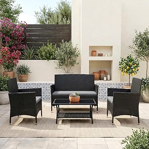 brishi outdoor 4 seater sofa set  patio furniture sets  balcony sofa  indoor sofa  wicker rattan garden sofa set with cushion and center table blackgrey