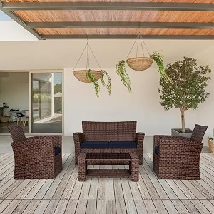 brishi outdoor sofa set  balcony sofa  patio furniture sets  indoor sofa wicker rattan garden sofa set with cushion and center table brown-navy blue
