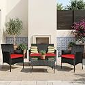 BRISHI Outdoor 4 Seater Sofa Set || Patio Furniture Sets || Balcony Sofa || Indoor Sofa || Wicker Rattan Garden Sofa Set with Cushion and Center Table (Black/Red)