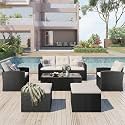 BRISHI 6 Piece Outdoor Conversation Set | All Weather Wicker Sectional Sofa with Cushioned Ottoman and Glass Top Table | Ideal for Garden, Deck, Porch, Patio and Poolside (Black &amp; White)