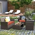 BRISHI Outdoor Sofa Set || Balcony Sofa || Patio Furniture Sets || Indoor Sofa|| Wicker Rattan Garden Sofa Set with Cushion and Center Table (Dark-Brown-Orange)