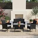 BRISHI Outdoor 4 Seater Sofa Set || Patio Furniture Sets || Balcony Sofa || Indoor Sofa || Wicker Rattan Garden Sofa Set with Cushion and Center Table (Black//Grey)