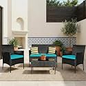 BRISHI Outdoor 4 Seater Sofa Set || Patio Furniture Sets || Balcony Sofa || Indoor Sofa || Wicker Rattan Garden Sofa Set with Cushion and Center Table (Black/Blue)
