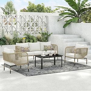 brishi outdoor sofa set  balcony sofa  patio furniture sets  conversation sets  braid amp rope garden sofa set and center table 5 seater-beige