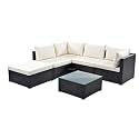 BRISHI Outdoor 5 Seater Sofa Set || Balcony Sofa || Patio Furniture Sets || Indoor Sofa || Wicker Rattan Garden Sofa Set with Cushion and Center Table (Black-Cream)