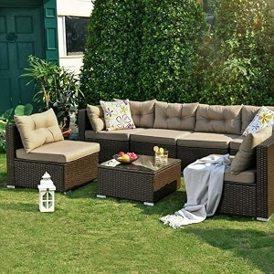 brishi outdoor 6 seater sofa set  balcony sofa  patio furniture sets  indoor sofa  wicker rattan garden sofa set with cushion and center table dark brown- beige