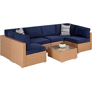 brishi outdoor 6 seater sofa set  balcony sofa  patio furniture sets  indoor sofa  wicker rattan garden sofa set with cushion and center table honey- navy blue