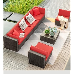 brishi outdoor 6 seater sofa set  balcony sofa  patio furniture sets  indoor sofa  wicker rattan garden sofa set with cushion and center table brown-red
