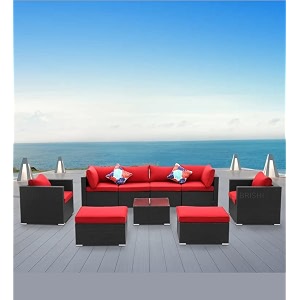 brishi outdoor 8 seater sofa set  balcony sofa  patio furniture sets  indoor sofa  wicker rattan garden sofa set with cushion and center table black-red