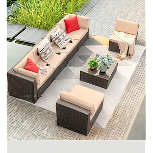 brishi outdoor 6 seater sofa set  balcony sofa  patio furniture sets  indoor sofa  wicker rattan garden sofa set with cushion and center table brown-cream