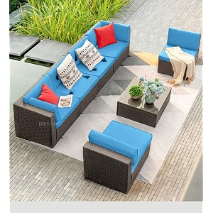 brishi outdoor 6 seater sofa set  balcony sofa  patio furniture sets  indoor sofa  wicker rattan garden sofa set with cushion and center table brown-blue