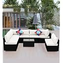 BRISHI Outdoor 10 Seater Sofa Set || Balcony Sofa || Patio Furniture Sets || Indoor Sofa || Wicker Rattan Garden Sofa Set with Cushion and Center Table (Black-Off White)
