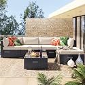 BRISHI Outdoor 5 Seater Sofa Set || Balcony Sofa || Patio Furniture Sets || Indoor Sofa || Wicker Rattan Garden Sofa Set with Cushion and Center Table (Black-Cream.)