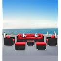 BRISHI Outdoor 8 Seater Sofa Set || Balcony Sofa || Patio Furniture Sets || Indoor Sofa || Wicker Rattan Garden Sofa Set with Cushion and Center Table (Black-Red)