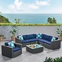 BRISHI Outdoor 6 Seater Sofa Set || Balcony Sofa || Patio Furniture Sets || Indoor Sofa || Wicker Rattan Garden Sofa Set with Cushion and Center Table (Black-Blue)