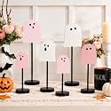 Briwooody 6 Pcs Pink Halloween Decor Ghosts Wood Signs Decorations