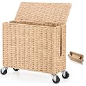 Briwooody Extra Large Rattan Cable Management Box with Caster Wheels, Brown
