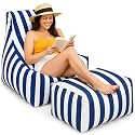 Briwooody Outdoor Bean Bag Chair with Ottoman, Blue, White Stripes