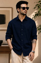 BROCON Men Solid Casual Dark Blue Shirt