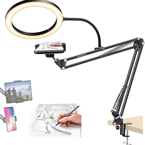 brolaviya overhead video stand with 10-inch ring light metal arm body1434 ball head for camera webcam gopro with mobile and tablet bracket for overhead video desktop bedroom office