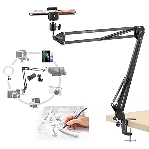 brolaviya overhead video mobile stand metal long arm1434 ball head male for cameragopro webcamsmobile bracket for videodesktopbedroom office table mount black