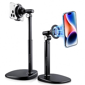 brolaviya 2-in-1 magnetic amp clip phone stand for desk adjustable height mobile holder magsafe-compatible mount with phone clamp 360 rotation for live streaming recording video calls amp cooking
