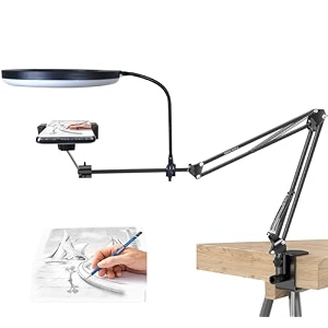 brolaviya no shadow overhead video mobile stand extra long metal arm10inch selfie ring light flexible wire 2-way base clip 1434 head for camera gopro for desktop bedroom office