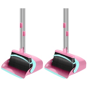 broom and dustpan set 52-in long adjustable handle broom dustpan combo with dust pan teeth to automatically clean hair suitable for home kitchen office hall floor pinkampblue 2 pack