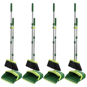broom and dustpan set 52-in long adjustable handle broom dustpan combo with dust pan teeth to automatically clean hair suitable for home kitchen office hall floor green 2 pack