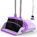 Broom and Dustpan Set for Home, 51-in Long Adjustable Handle Angle Broom and Dustpan Combo Set with Dust Pan Teeth to Clean Hair for Home Kitchen Office Lobby Floor Garden, Purple