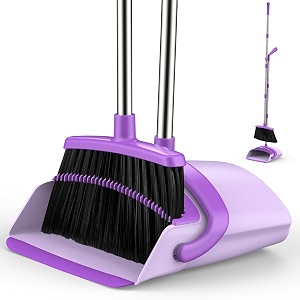 broom and dustpan set for home 51-in long adjustable handle angle broom and dustpan combo set with dust pan teeth to clean hair for home kitchen office lobby floor garden purple