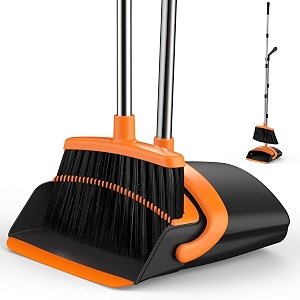 broom and dustpan set for home 51-in long adjustable handle angle broom and dustpan combo set with dust pan teeth to clean hair for home kitchen office lobby floor garden black orange