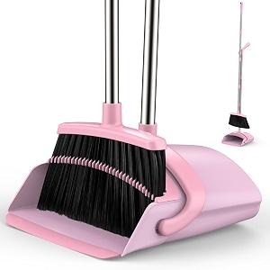 broom and dustpan set for home 51-in long adjustable handle angle broom and dustpan combo set with dust pan teeth to clean hair for home kitchen office lobby floor garden pink