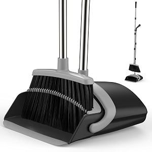 broom and dustpan set for home 51-in long adjustable handle angle broom and dustpan combo set with dust pan teeth to clean hair for home kitchen office lobby floor garden blackampgrey