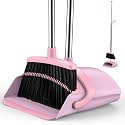 Broom and Dustpan Set for Home, 51-in Long Adjustable Handle Angle Broom and Dustpan Combo Set with Dust Pan Teeth to Clean Hair for Home Kitchen Office Lobby Floor Garden, Pink