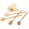 BrosMoon Long Spoons Wooden, 4 Pieces Korean Style 11 inches Natural Wood Long Handle Round Spoons for Soup Cooking Mixing Nimba Tree, Indian Lilac, Miracle Tree Kitchen Tools Utensils