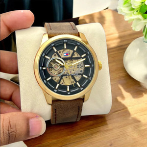 brosa premium luxury mens automatic skeleton watchgold tone casebrown leather strap analog watch  - for men th-01