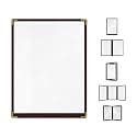 Brown, 25 Pack,1 Page / 2 Views - 8.5" x 11", Cafe Style Menu Cover, Top-Loading Double Stitched Edge, Crystal Clear Vinyl Menu Holder with Gold Decorative Corners