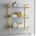 Brown Art SHOPPEE 3 Tier Metal &amp; Engineered Wood Home Floating Shelves for Wall Décor Storage, Wall Shelf, Wall Mounted Shelf for Bedroom, Living Room, Bathroom, Kitchen, Shelves (Gold &amp; Grey)