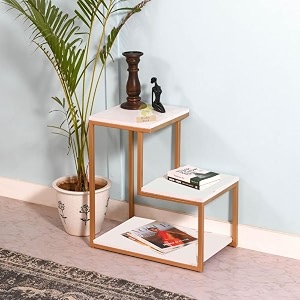 brown art shoppee 3-tier sofa side table nightstand with storage shelf sturdy metal frame ladder-shaped chair side table tabletop storage shelf for living room or bedroom gold amp white
