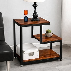 brown art shoppee 3-tier sofa side table nightstands with storage shelf sturdy metal frame ladder-shaped chair side table tabletop storage shelf for living room or bedroom black amp brown