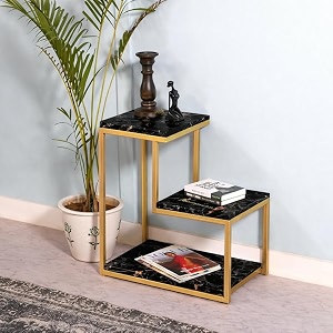 brown art shoppee 3-tier sofa side table nightstand with storage shelf sturdy metal frame ladder-shaped chair side table tabletop storage shelf for living room or bedroom gold amp black