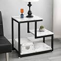 Brown Art SHOPPEE 3-Tier Sofa Side Table, Nightstand with Storage Shelf, Sturdy Metal Frame, Ladder-Shaped Chair Side Table, Tabletop Storage Shelf for Living Room or Bedroom (Black & White)