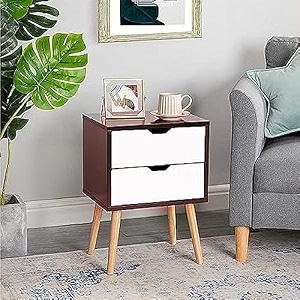 brown art shoppee 2-drawer end side table with drawer and solid wood legs bedside table for bedrooms mid-century modern drawer storage cabinet for bedroom amp furniture brown amp white
