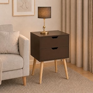brown art shoppee 2-drawer end side table with drawer and solid wood legs bedside table for bedrooms mid-century modern drawer storage cabinet for bedroom amp furniture brown